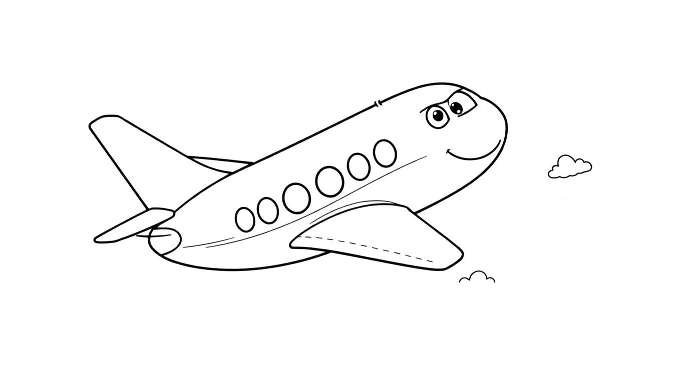 Avião de desenho animado amigável com grandes olhos expressivos e um sorriso, voando perto de uma nuvem, em um color panel.