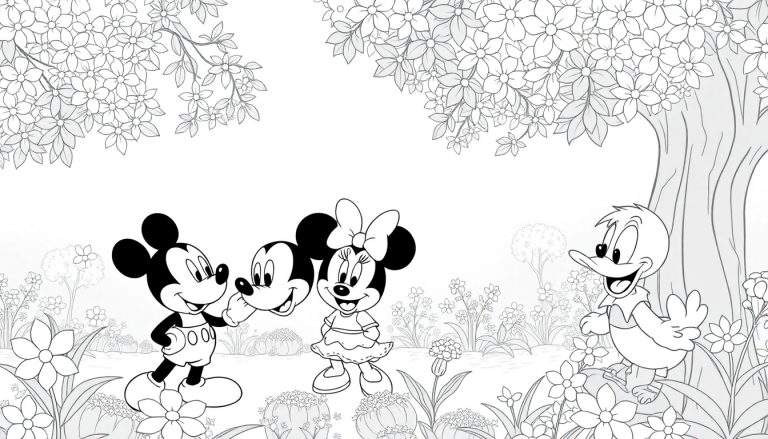 Ilustração em preto e branco de Mickey Mouse, Minnie Mouse e Pato Donald em um campo florido, com galhos floridos acima, pronta para colorir.