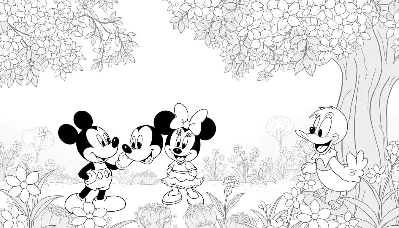 Ilustração em preto e branco de Mickey Mouse, Minnie Mouse e Pato Donald em um campo florido, com galhos floridos acima, pronta para colorir.