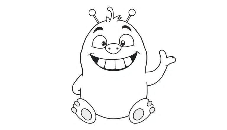 Um monstro branco amigável, com contornos pretos como em um color panel, acenando com a mão.