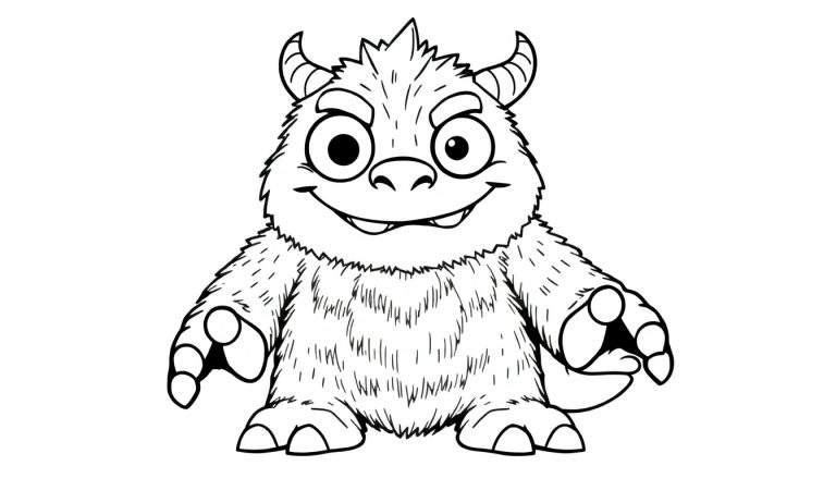 Um desenho de linha em preto e branco de um monstro peludo sorrindo, com chifres pequenos, olhos grandes e expressivos, e um sorriso largo mostrando dois dentes. Suas mãos e pés têm dedos grandes e arredondados. O desenho é em estilo caricatural, pronto para ser colorido.