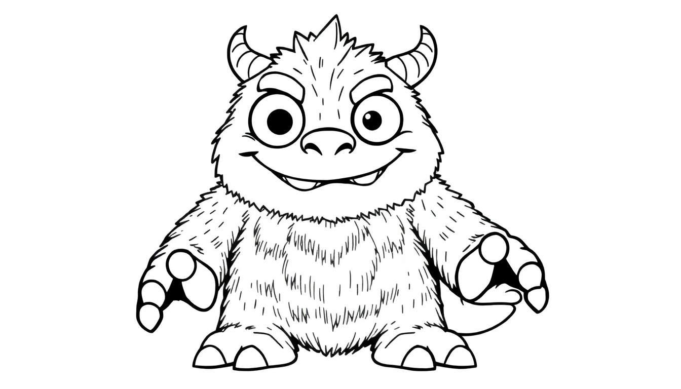 Um desenho de linha em preto e branco de um monstro peludo sorrindo, com chifres pequenos, olhos grandes e expressivos, e um sorriso largo mostrando dois dentes. Suas mãos e pés têm dedos grandes e arredondados. O desenho é em estilo caricatural, pronto para ser colorido.