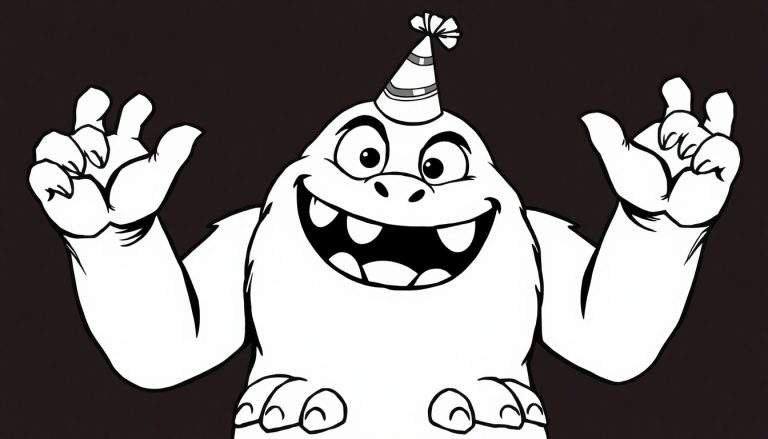 Um monstro sorridente de desenho animado com um chapéu de festa listrado e olhos grandes, em um fundo preto.