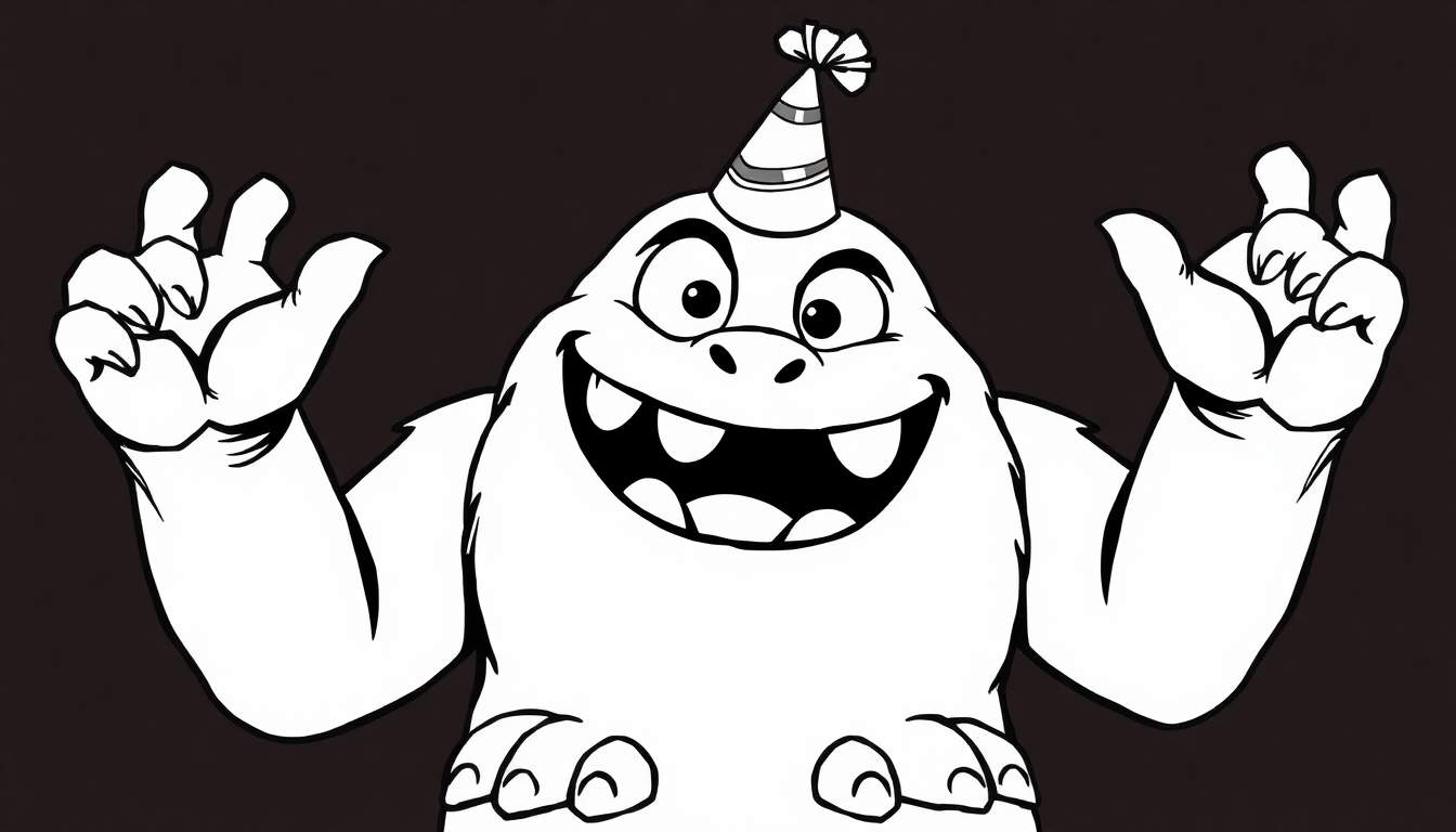 Um monstro sorridente de desenho animado com um chapéu de festa listrado e olhos grandes, em um fundo preto.