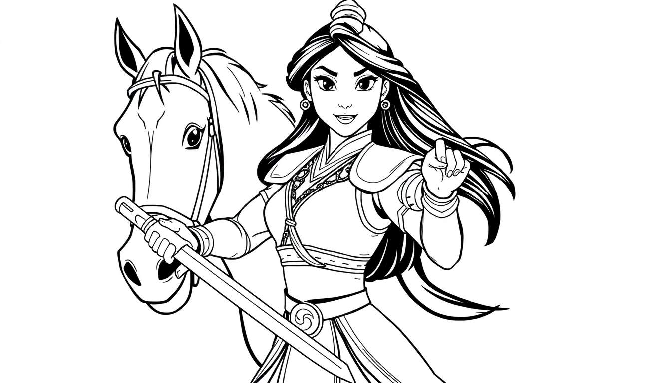 Desenho em preto e branco de Mulan com seu cavalo Khan, ambos em posição de prontidão.