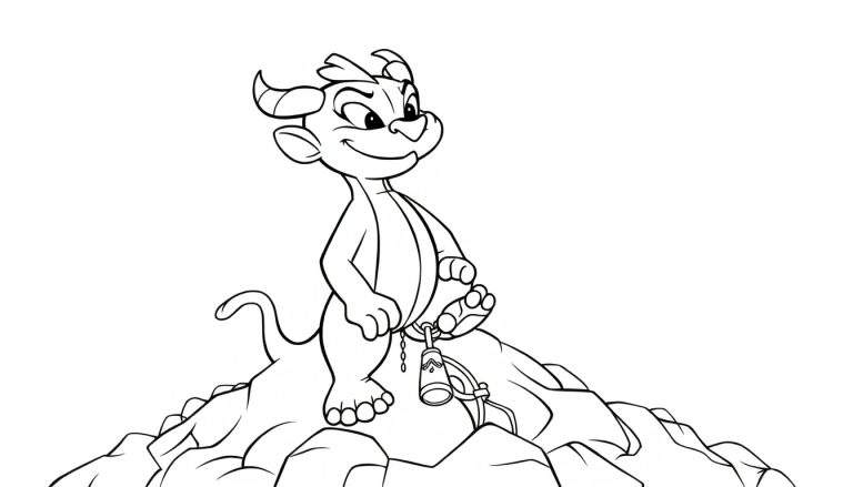 Mushu, o pequeno dragão, sorri confiante no topo de uma rocha, usando um arnês preso a uma campainha. Desenho a preto e branco para colorir.
