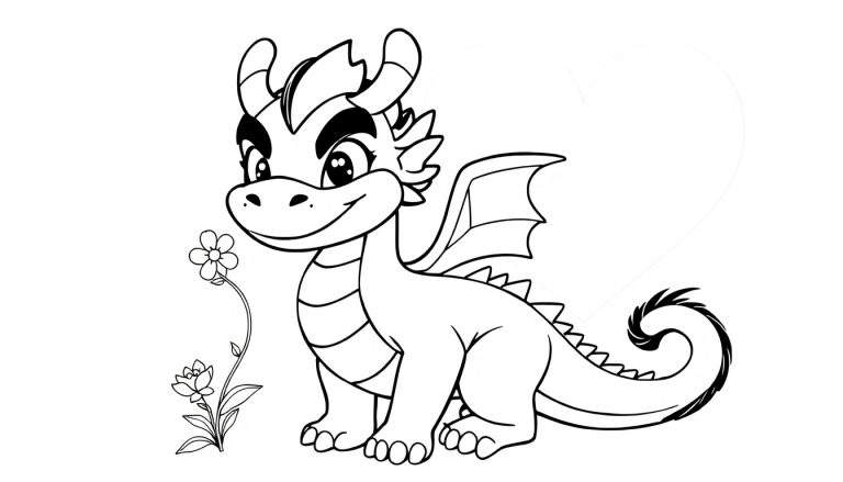 Desenho de um dragão sorridente em preto e branco, com asas, chifres pequenos, cauda enrolada e uma flor ao lado. Um coração em esboço no fundo, estilo livro de colorir infantil, color panel.