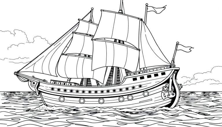 Um navio à vela preto e branco em estilo de desenho animado navegando em um mar com ondas. O navio tem vários mastros, velas cheias e flâmulas, além de portholes e um design ornamental na proa. O céu ao fundo tem nuvens esparsas. Parece um color panel.