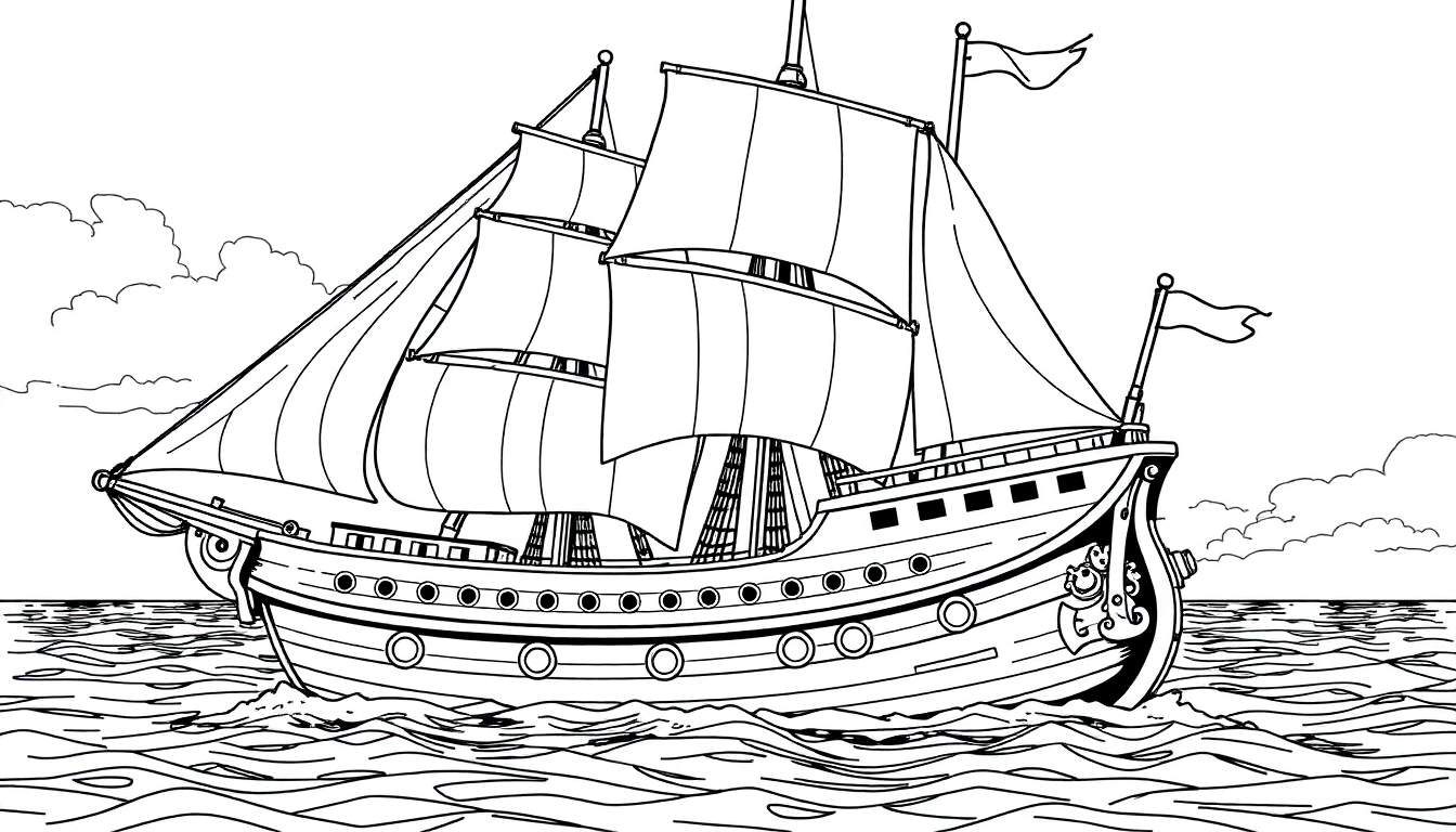 Um navio à vela preto e branco em estilo de desenho animado navegando em um mar com ondas. O navio tem vários mastros, velas cheias e flâmulas, além de portholes e um design ornamental na proa. O céu ao fundo tem nuvens esparsas. Parece um color panel.