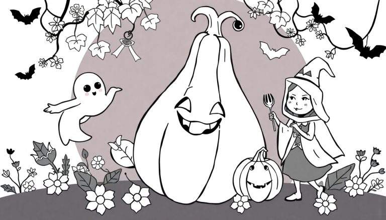 Um desenho em preto e branco de uma cena de Halloween com abóboras sorridentes, um fantasma amigável, uma garota bruxa com um garfo, morcegos voando e galhos de árvores. O color panel é detalhado em tons de cinza.