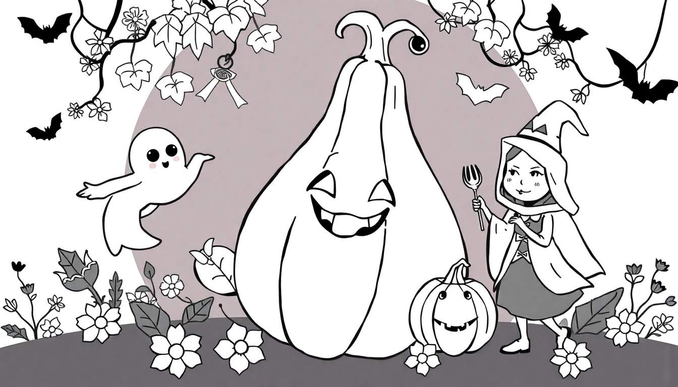 Um desenho em preto e branco de uma cena de Halloween com abóboras sorridentes, um fantasma amigável, uma garota bruxa com um garfo, morcegos voando e galhos de árvores. O color panel é detalhado em tons de cinza.