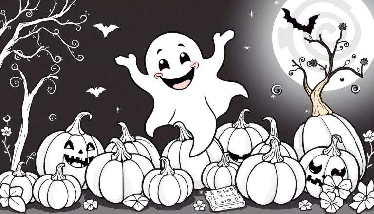 Fantasma simpático com braços erguidos, cercado por abóboras de Halloween em um color panel em preto e branco.