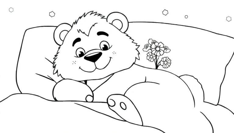 Urso de pelúcia fofo deitado na cama, sorrindo com flores e um balão, em um color panel.