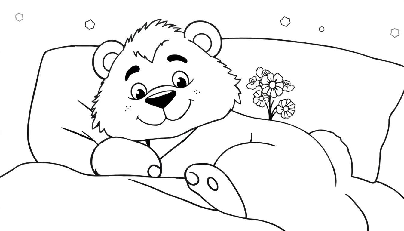 Urso de pelúcia fofo deitado na cama, sorrindo com flores e um balão, em um color panel.