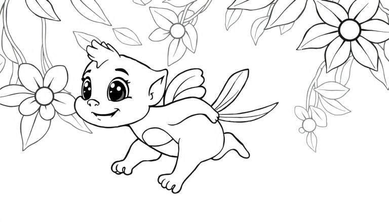 Um adorável animal alado, parecido com um gato ou dragão, voando feliz entre um jardim de flores e folhas desenhado em preto e branco para colorir. Seu rosto expressivo é convidativo.