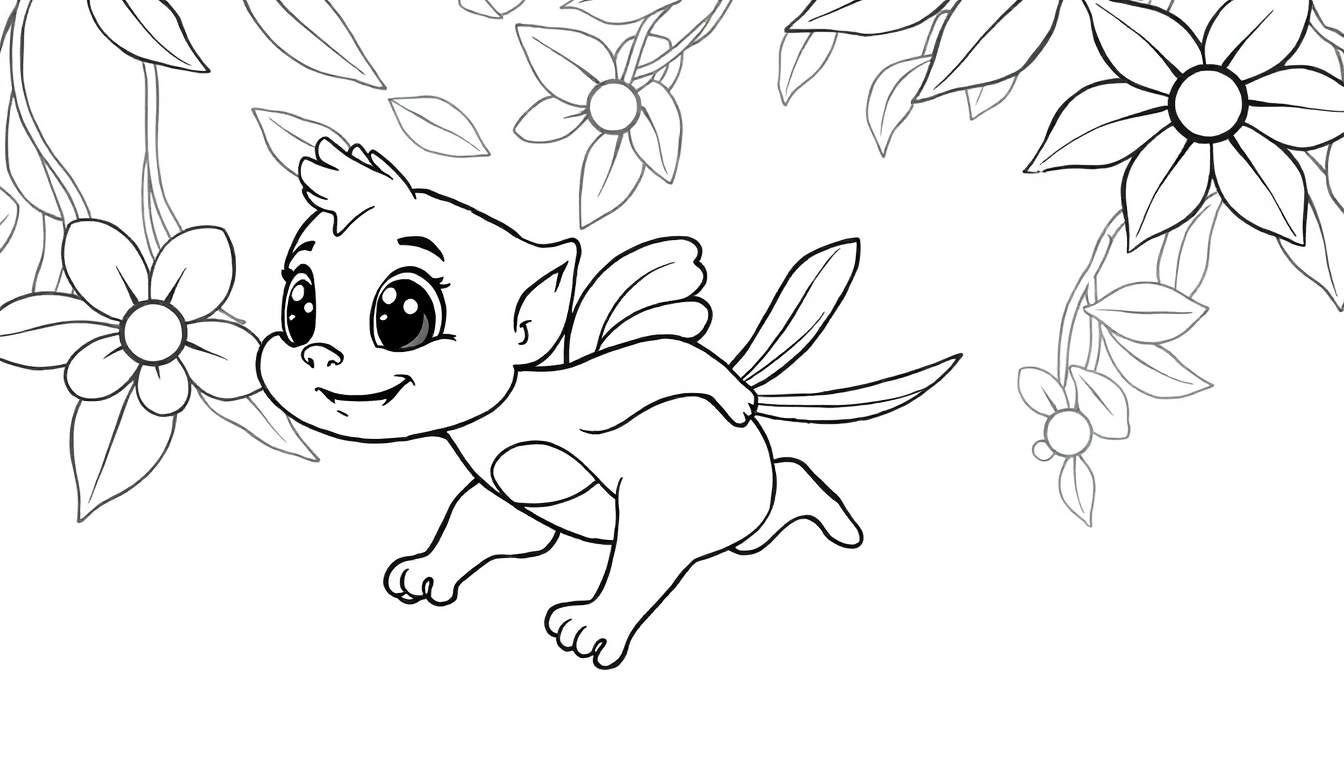 Um adorável animal alado, parecido com um gato ou dragão, voando feliz entre um jardim de flores e folhas desenhado em preto e branco para colorir. Seu rosto expressivo é convidativo.