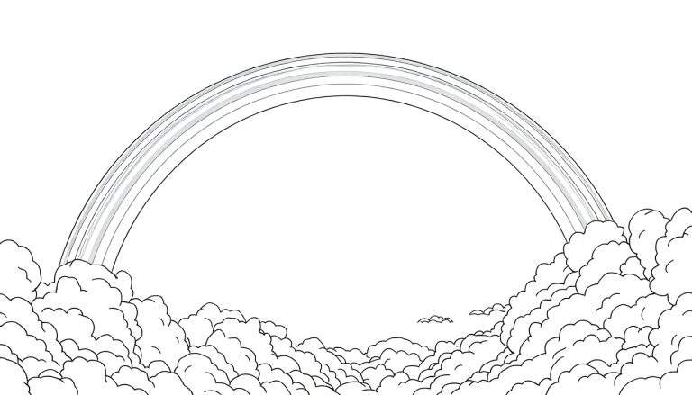 Um desenho linear de um arco-íris colorido sobre um mar de nuvens fofas, como um painel de cores.