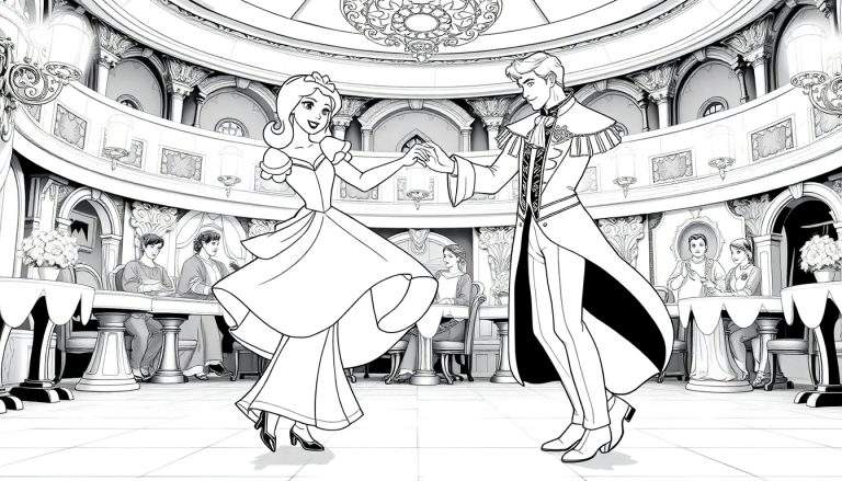 Cinderela e o príncipe dançando em um salão de baile ornamentado, com espectadores nas laterais.