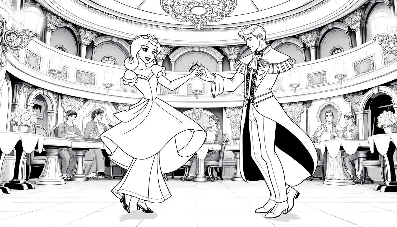 Cinderela e o príncipe dançando em um salão de baile ornamentado, com espectadores nas laterais.