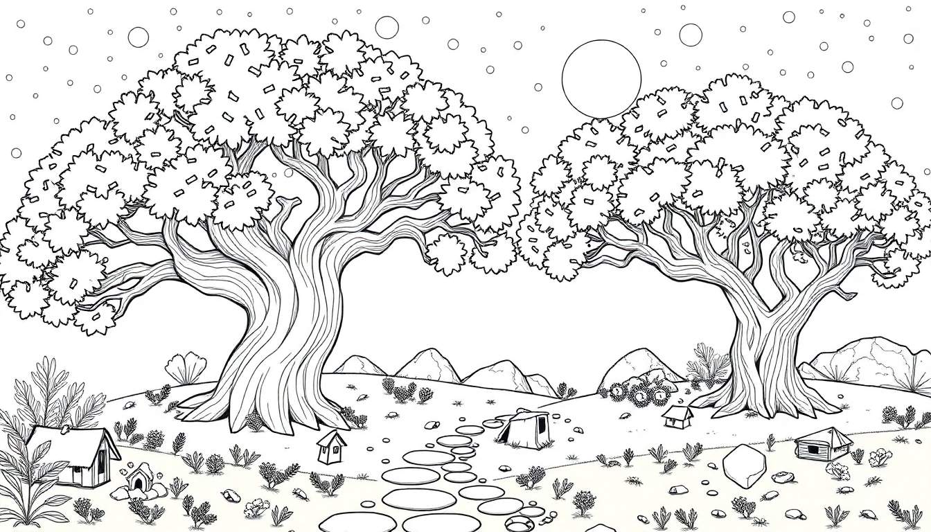 Um desenho a preto e branco de um caminho de pedras que leva a um cenário de conto de fadas com árvores grandes, casinhas e montanhas ao fundo, ideal para colorir. Este color panel convida à criatividade.