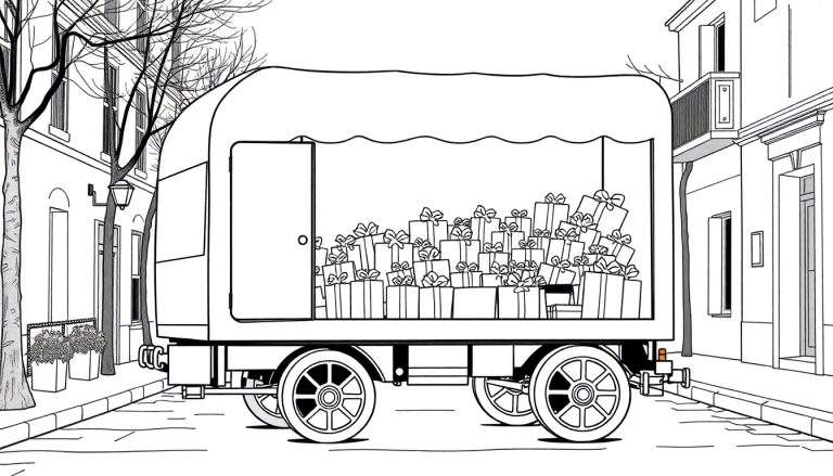 Um caminhão de entregas antigo, desenhado em linha, cheio de caixas de presentes embrulhadas.