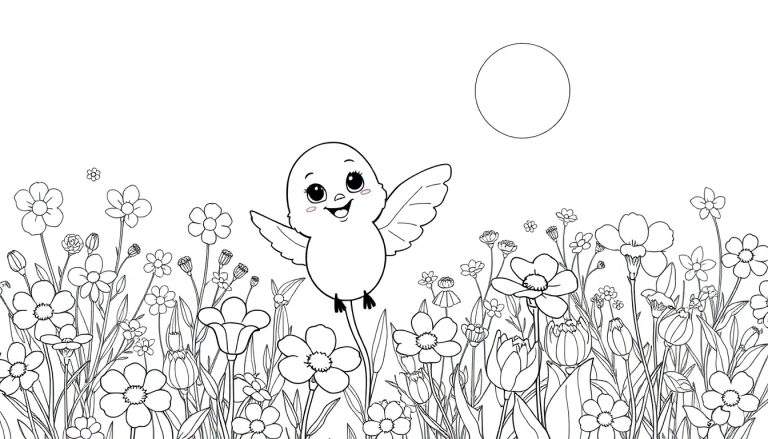 Desenho em preto e branco de um campo florido com um passarinho voando.