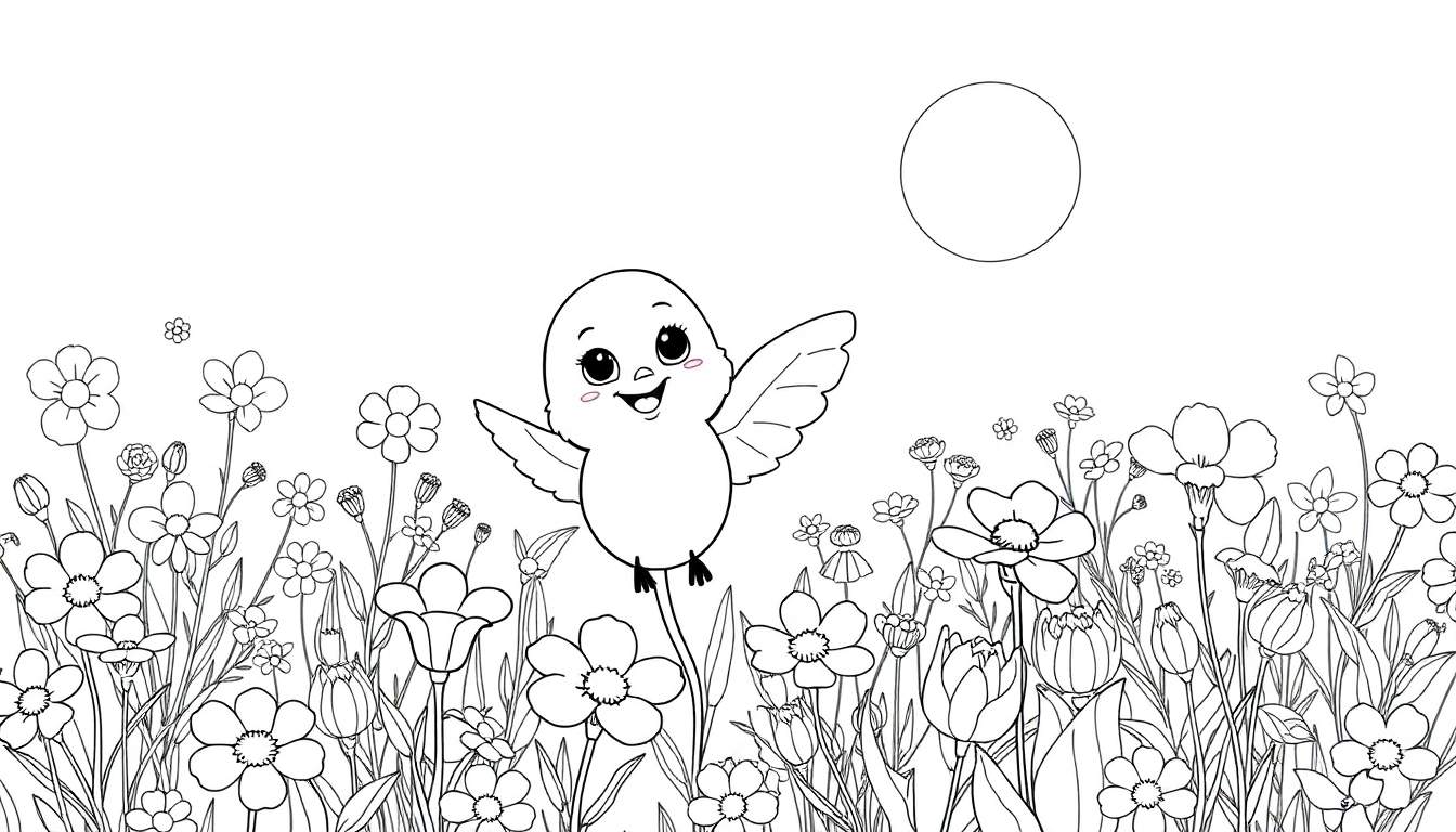 Desenho em preto e branco de um campo florido com um passarinho voando.
