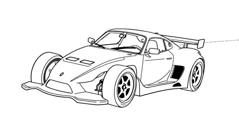 Um desenho de um carro esportivo moderno e aerodinâmico com um grande spoiler traseiro, um color panel de linhas limpas e precisas.