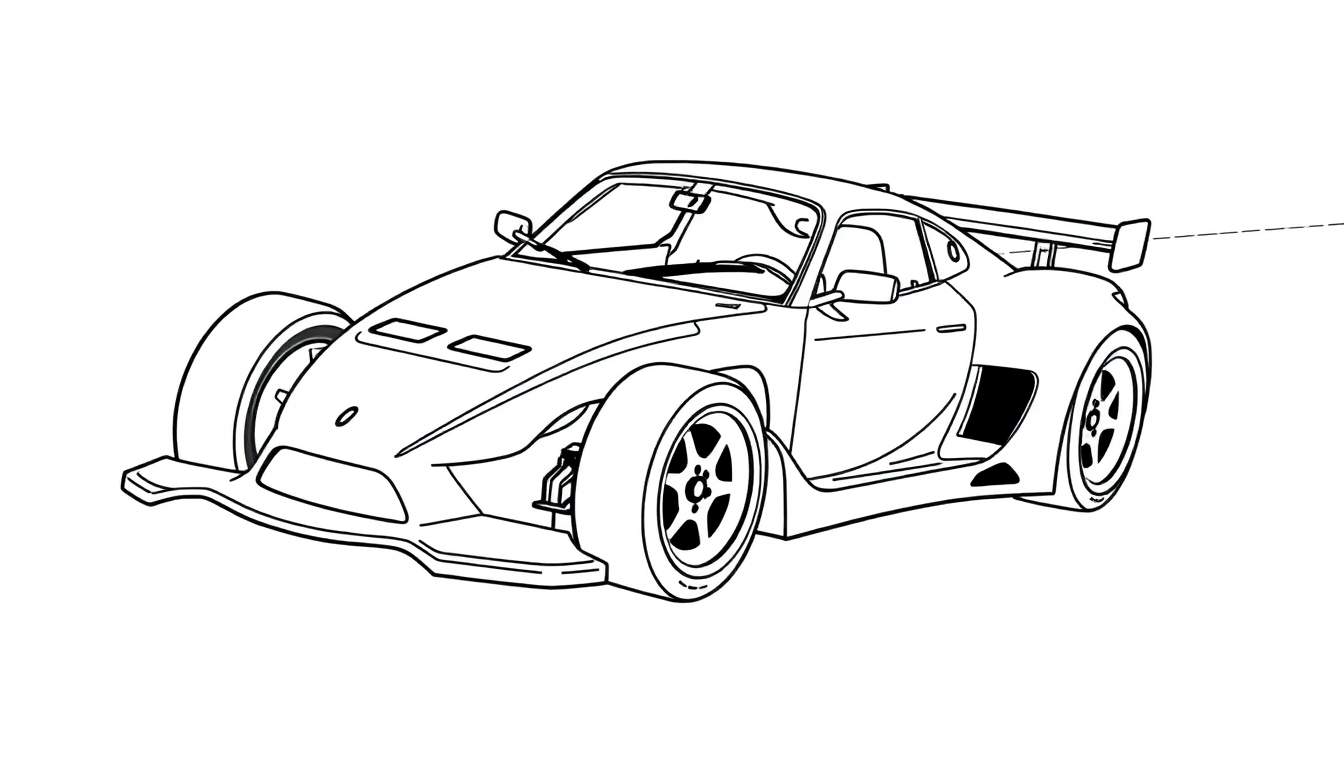 Um desenho de um carro esportivo moderno e aerodinâmico com um grande spoiler traseiro, um color panel de linhas limpas e precisas.