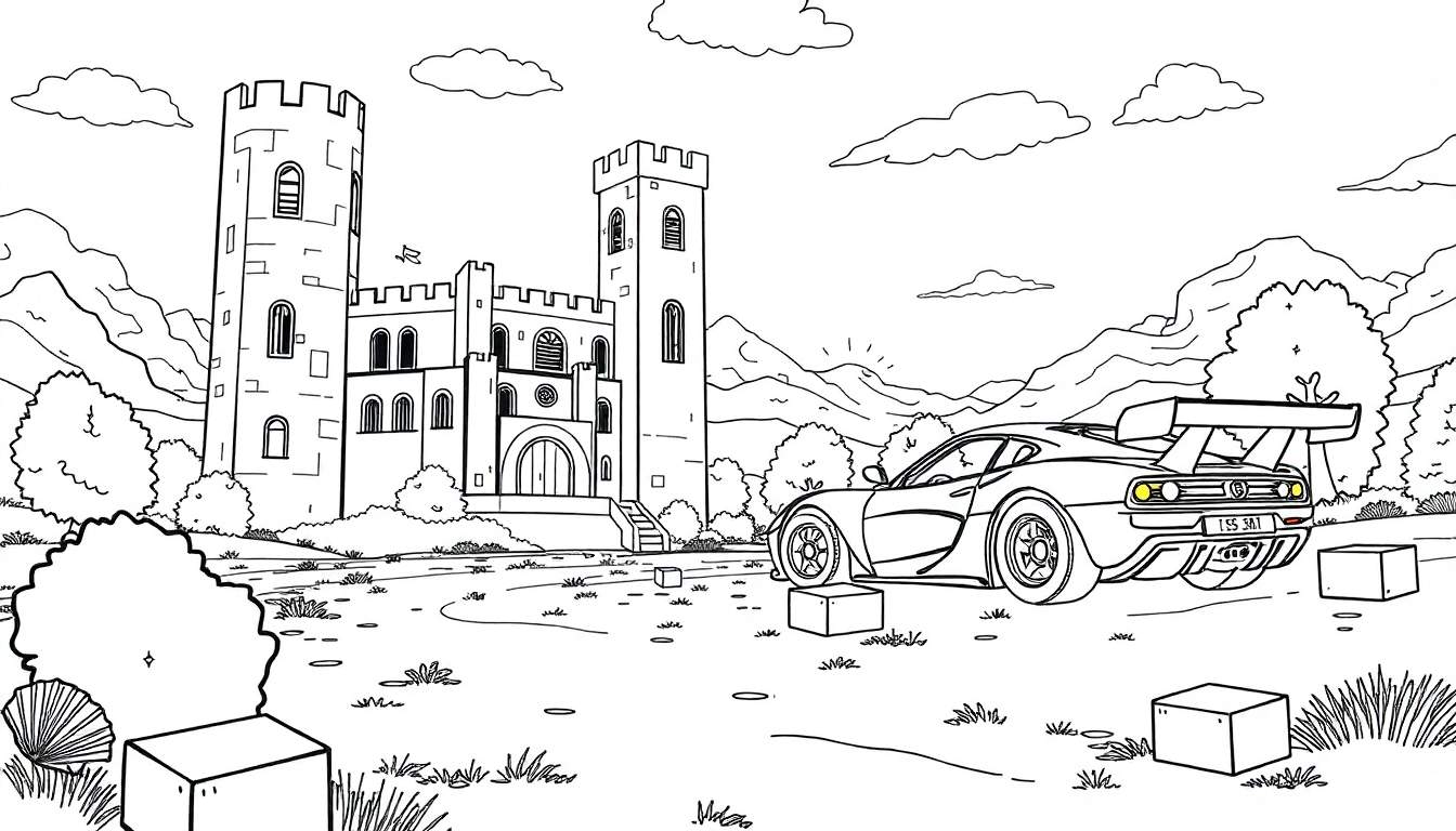 Ilustração em preto e branco de um castelo medieval com torres, montanhas e árvores ao fundo. Em primeiro plano, um carro esportivo moderno está estacionado em um gramado com blocos quadrados, lembrando um color panel de um jogo.