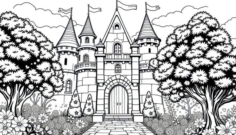 Ilustração em preto e branco de um castelo de conto de fadas com torres altas e bandeiras, cercado por árvores e flores.