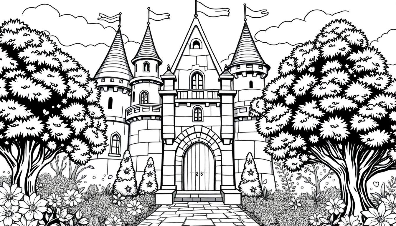 Ilustração em preto e branco de um castelo de conto de fadas com torres altas e bandeiras, cercado por árvores e flores.