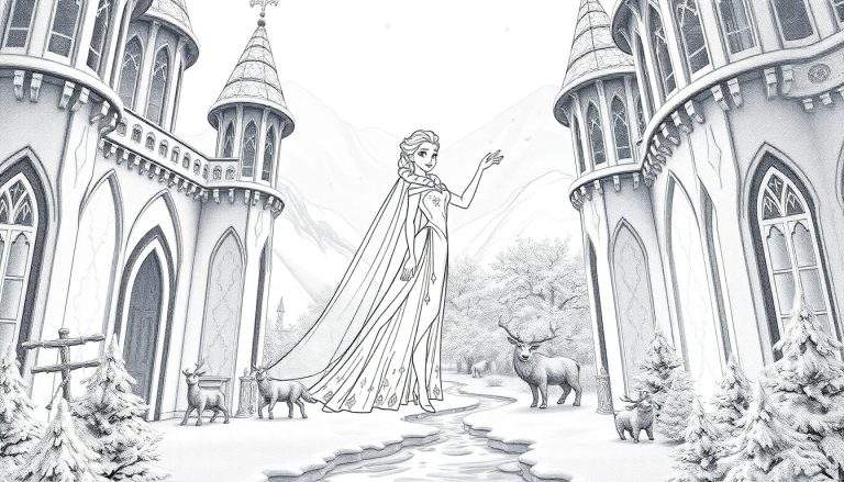 Ilustração em preto e branco de Elsa com seu castelo de gelo, com cervos ao redor, estilo livro de colorir.