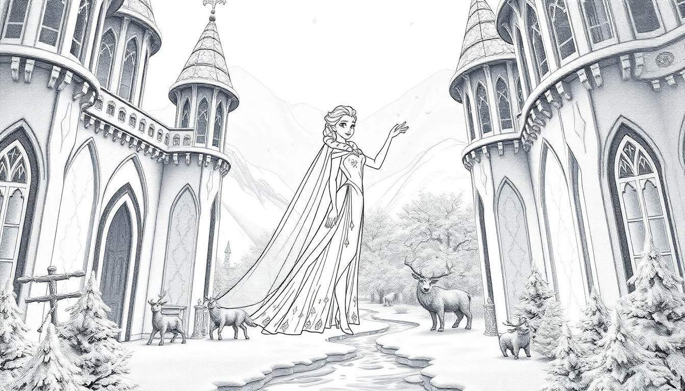 Ilustração em preto e branco de Elsa com seu castelo de gelo, com cervos ao redor, estilo livro de colorir.