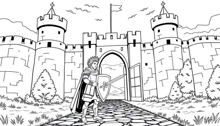 Desenho linear em preto e branco de um cavaleiro em frente a um castelo