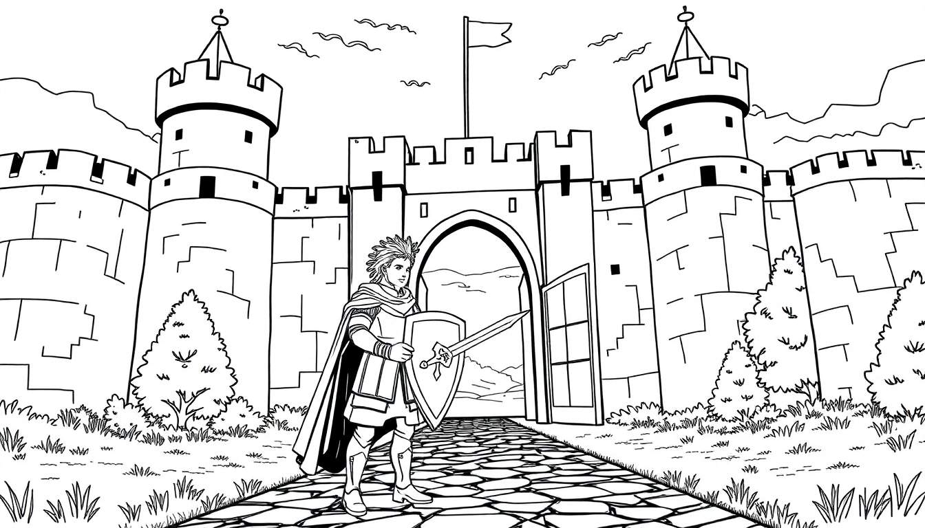 Desenho linear em preto e branco de um cavaleiro em frente a um castelo