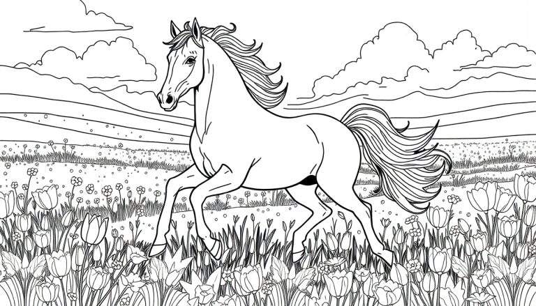 Um desenho a preto e branco de um cavalo galopando alegremente num campo repleto de tulipas, com colinas ondulantes e nuvens fofas ao fundo. O color panel está pronto para receber cores vibrantes.