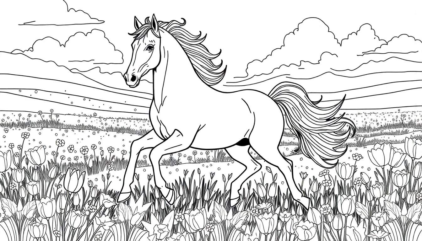 Um desenho a preto e branco de um cavalo galopando alegremente num campo repleto de tulipas, com colinas ondulantes e nuvens fofas ao fundo. O color panel está pronto para receber cores vibrantes.