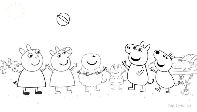 Um color panel de desenho animado em preto e branco com Peppa Pig e amigos brincando ao ar livre.