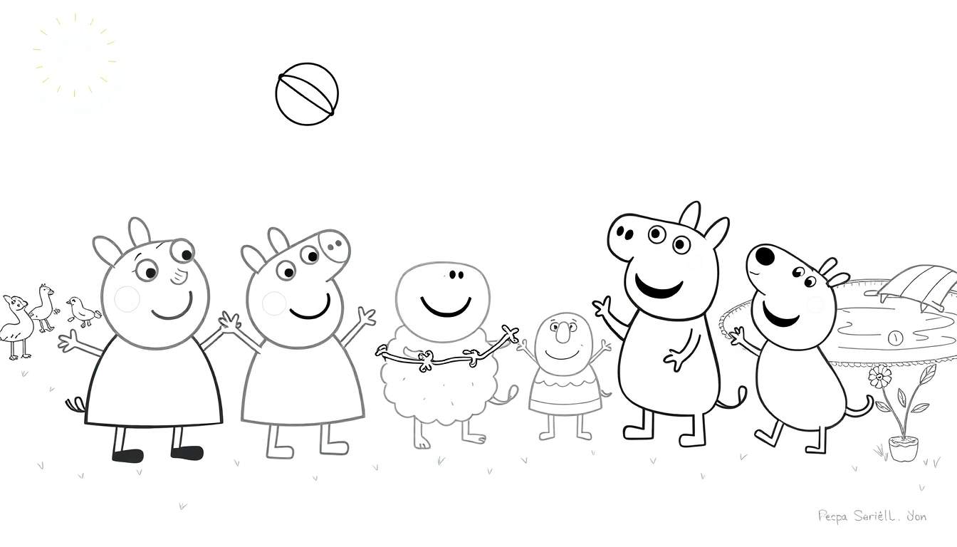 Um color panel de desenho animado em preto e branco com Peppa Pig e amigos brincando ao ar livre.