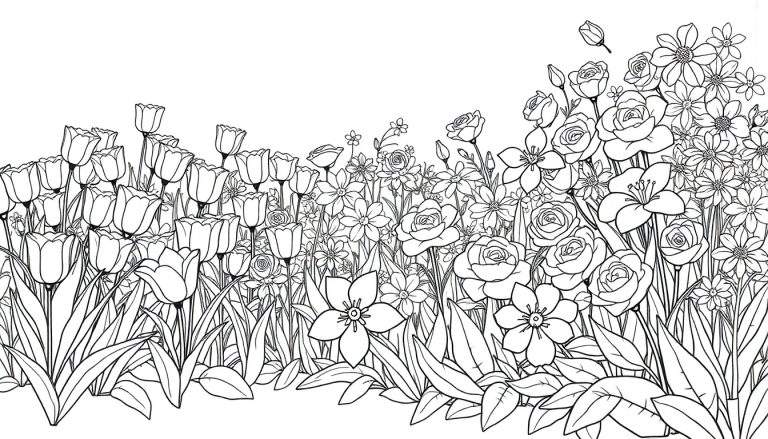 Um color panel de um campo de flores com tulipas, rosas e margaridas, pronto para ser colorido.