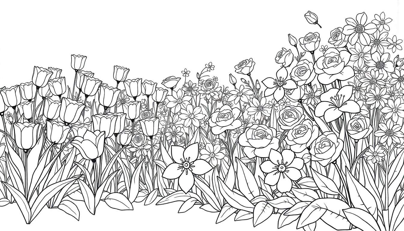 Um color panel de um campo de flores com tulipas, rosas e margaridas, pronto para ser colorido.