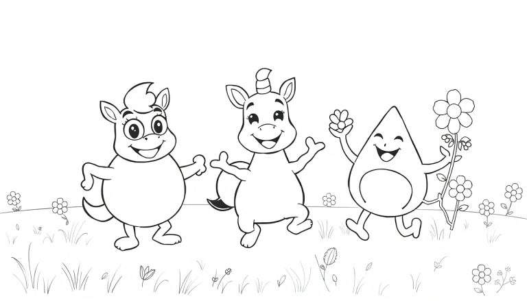 Um color panel com três personagens desenhados em preto e branco: um pônei à esquerda, um unicórnio no centro e uma forma de gota à direita, todos a dançar num campo florido.