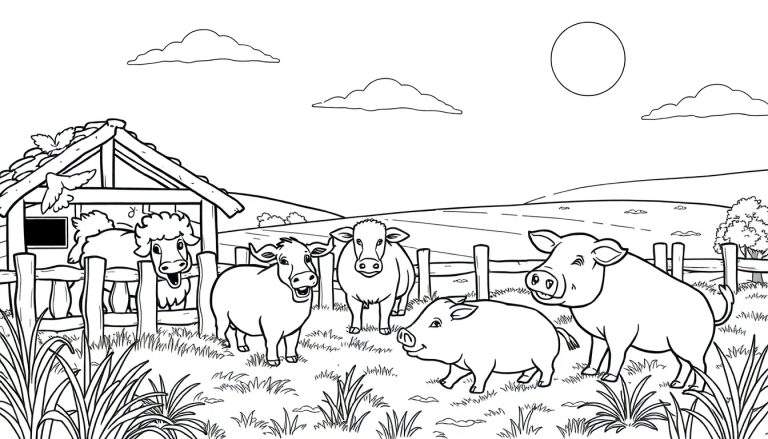 Desenho em preto e branco de uma quinta com celeiro, ovelhas, vacas, porcos, cerca, grama, nuvens e sol. Dois pássaros voam perto do celeiro.