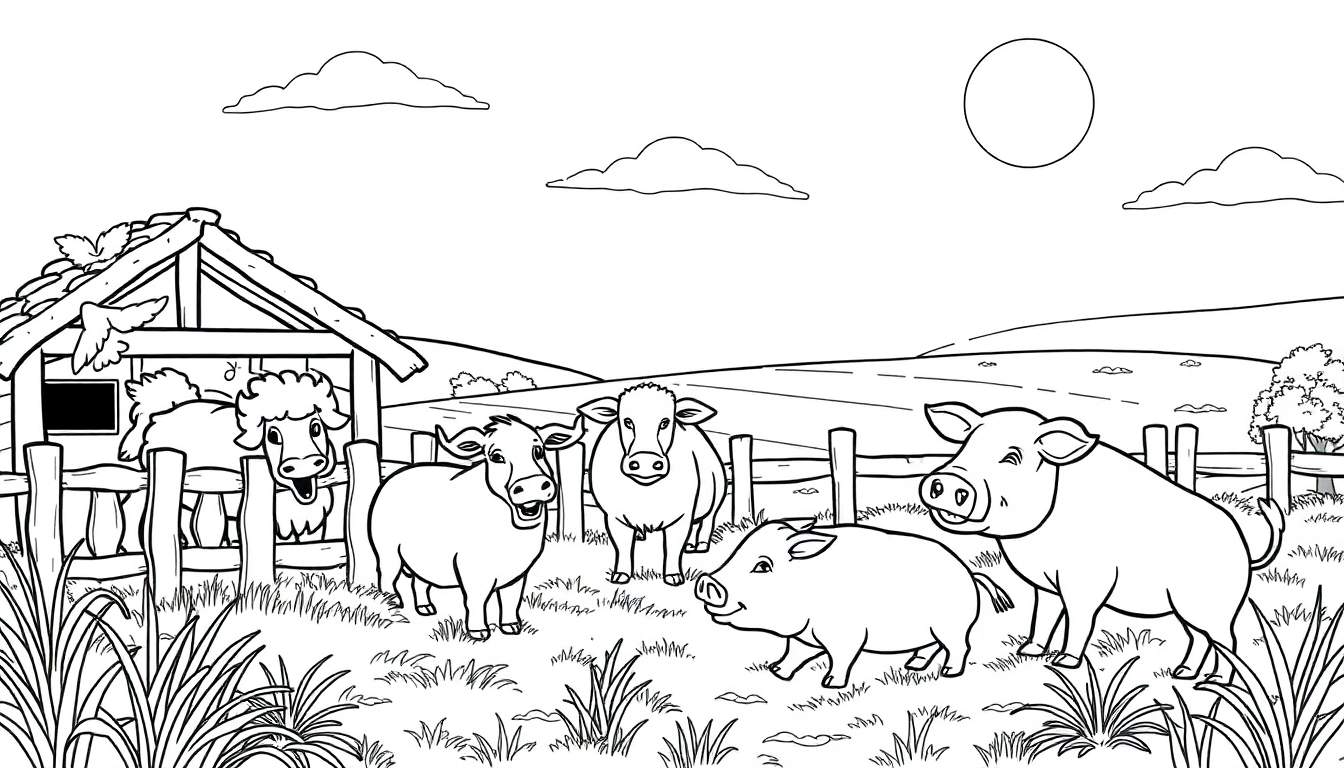 Desenho em preto e branco de uma quinta com celeiro, ovelhas, vacas, porcos, cerca, grama, nuvens e sol. Dois pássaros voam perto do celeiro.