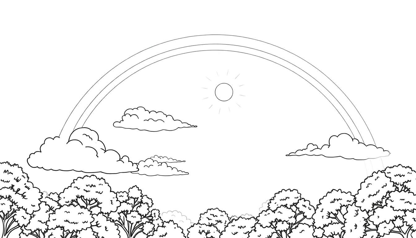 Desenho em preto e branco de uma paisagem com árvores, nuvens, um arco-íris e um sol. Inclui um color panel.