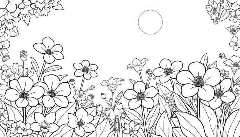 Desenho linear em preto e branco de um campo de flores sob um sol, um color panel para colorir.