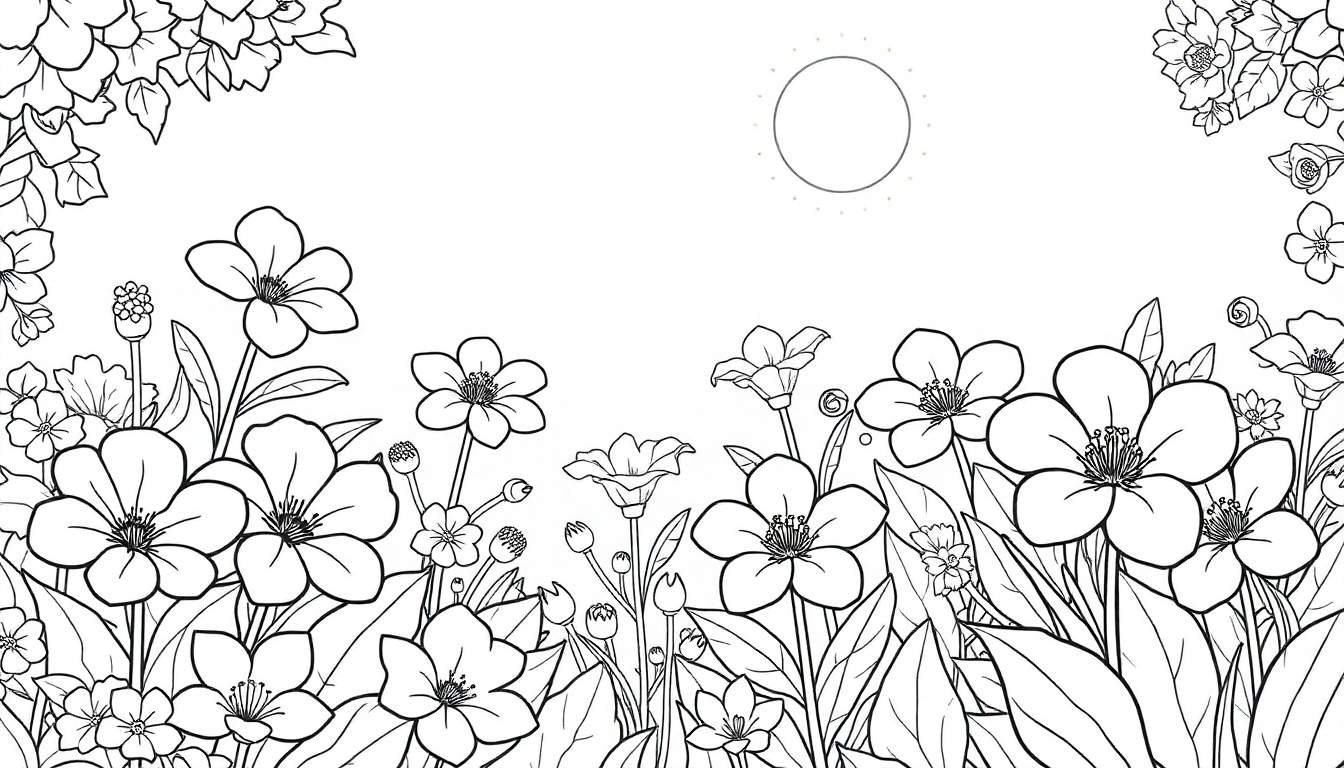 Desenho linear em preto e branco de um campo de flores sob um sol, um color panel para colorir.