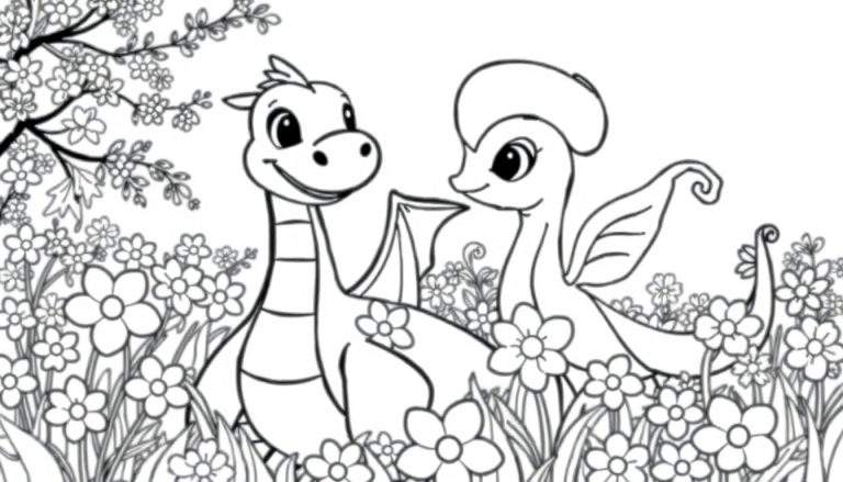 Desenho a preto e branco de dois dragões amigáveis numa clareira florida, pronto para colorir.