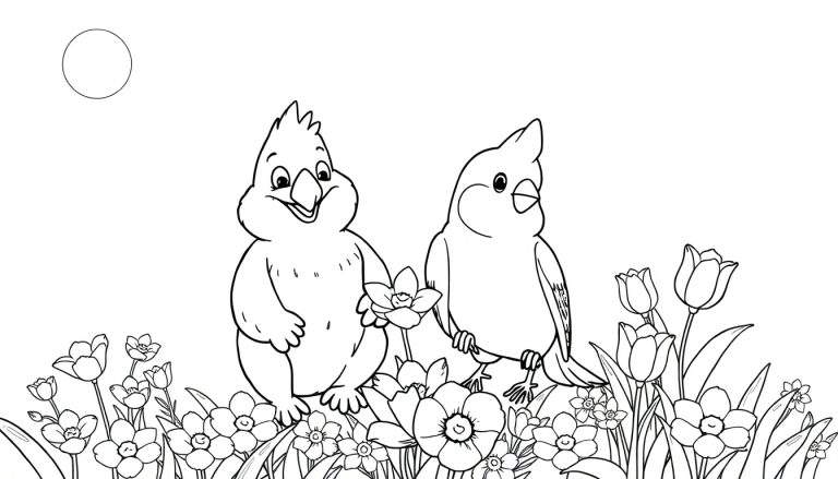 Um desenho de colorir de dois pássaros entre flores e grama, com um sol ou lua no canto superior esquerdo, parte de um color panel.